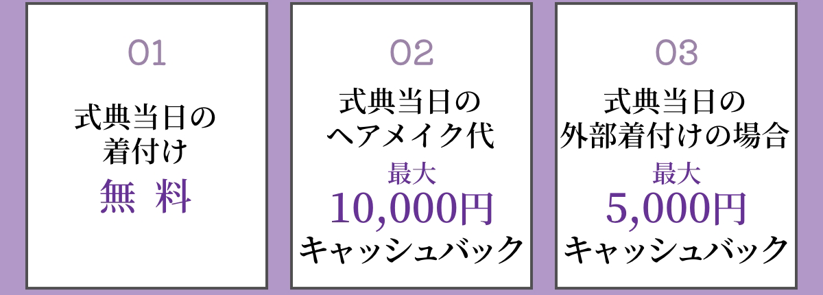 安心の12大特典・式典当日の着付け無料・ヘアメイクキャッシュバック他